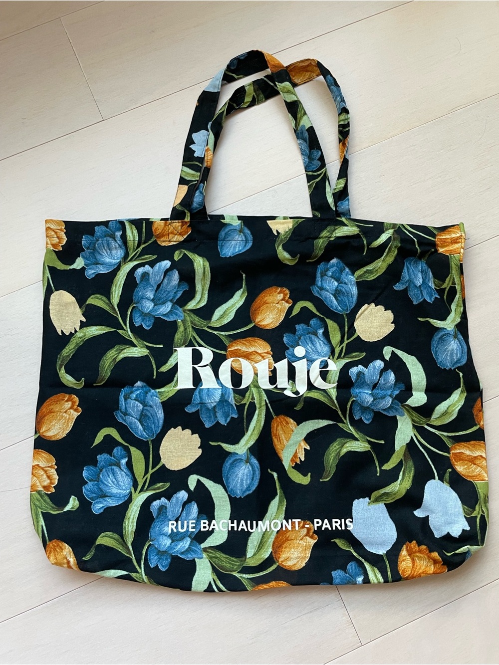 Rouje Black Floral Canvas Tote with Blue and Orange Blooms